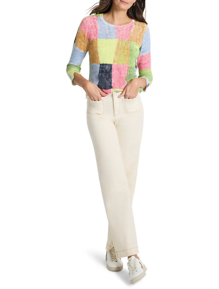 Colorblocked 3/4 sleeve sweater.  Pastel pink, light blue, green, and tan color patches.  Slightly textured knit.