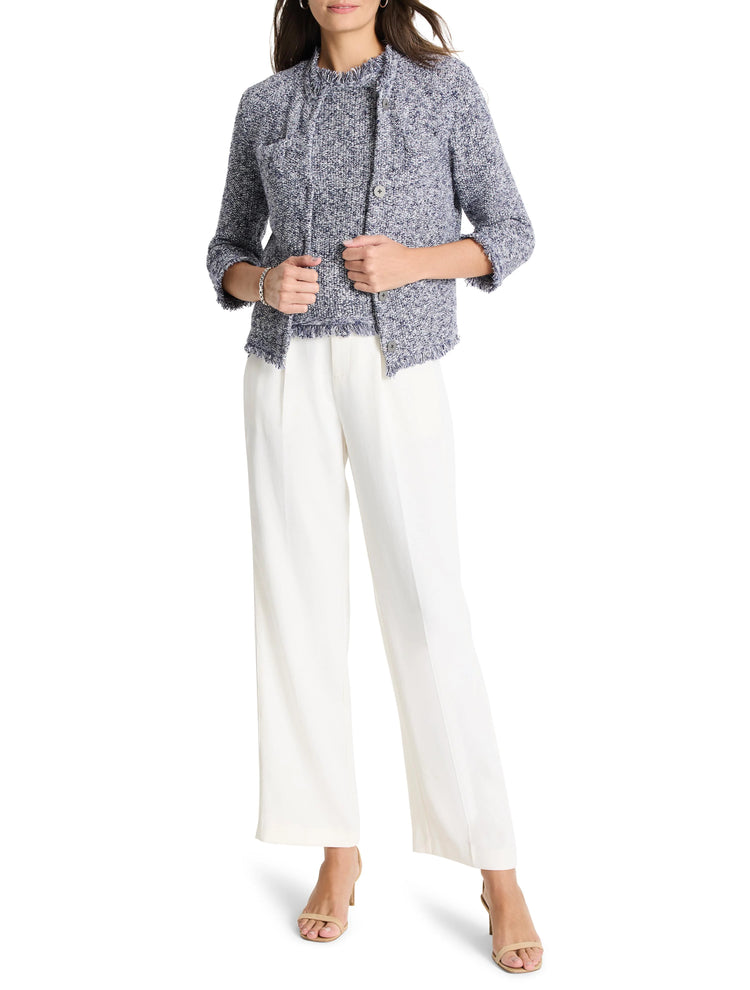 Blue and white tweed jacket, cropped sleeves, frayed edges, single button closure.