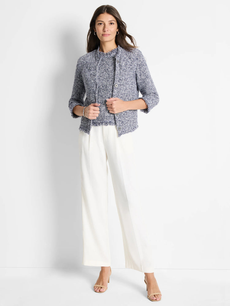 Blue and white tweed knit jacket, 3/4 sleeves, frayed edges.  Open front.