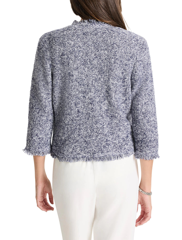 Blue and white tweed knit jacket.  Three-quarter sleeves, fringed hem and neckline.