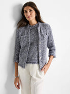 Here's alt text for the image, suitable for visually impaired users:

"Blue and white tweed knit jacket, 3/4 sleeves,...
