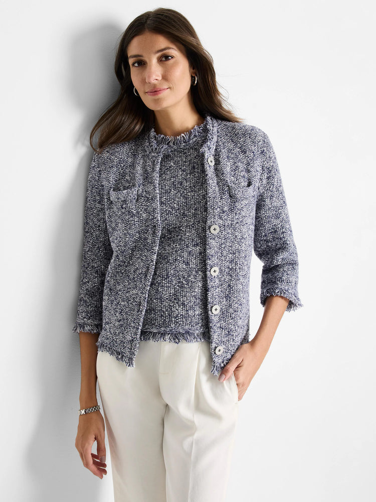 Here's alt text for the image, suitable for visually impaired users:

"Blue and white tweed knit jacket, 3/4 sleeves,...