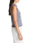 Blue and white speckled knit sleeveless tank top.  Fringed hem and armholes.