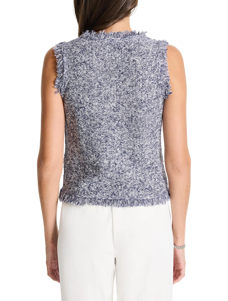 Here's alt text for the image, under 125 characters:

"Back view of sleeveless, blue and white speckled knit tank with...