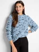 Light blue sweater with dark gray speckled pattern, long sleeves, and a mock neck.