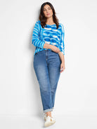 Blue and white tie-dye pattern long-sleeve sweater.