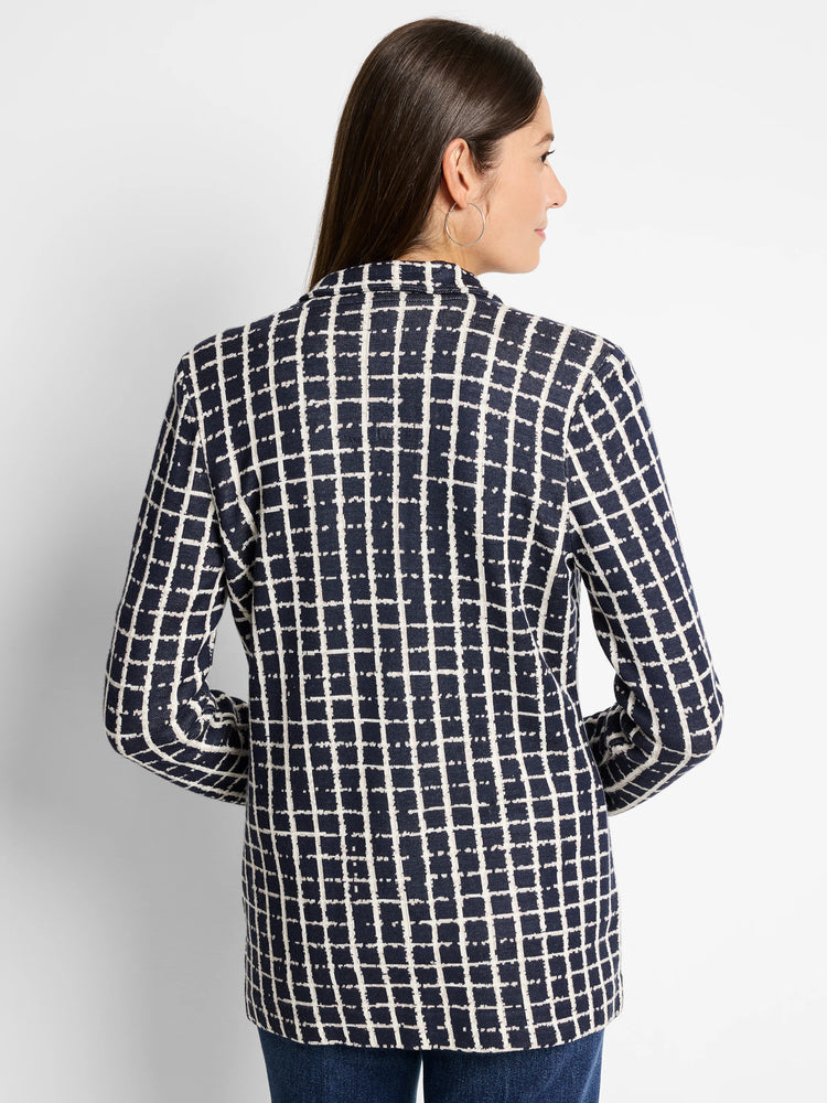 Here's alt text under 125 characters:

Navy blazer with an off-white grid pattern.  Long sleeves.  Shown from the back.