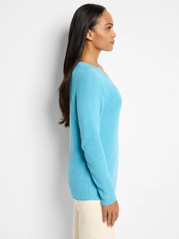 Light blue, V-neck, long-sleeved cashmere blend sweater with subtle cable knit detailing at the shoulders.