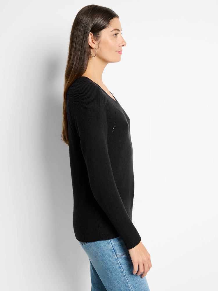 Black, long-sleeved V-neck sweater; ribbed knit texture.