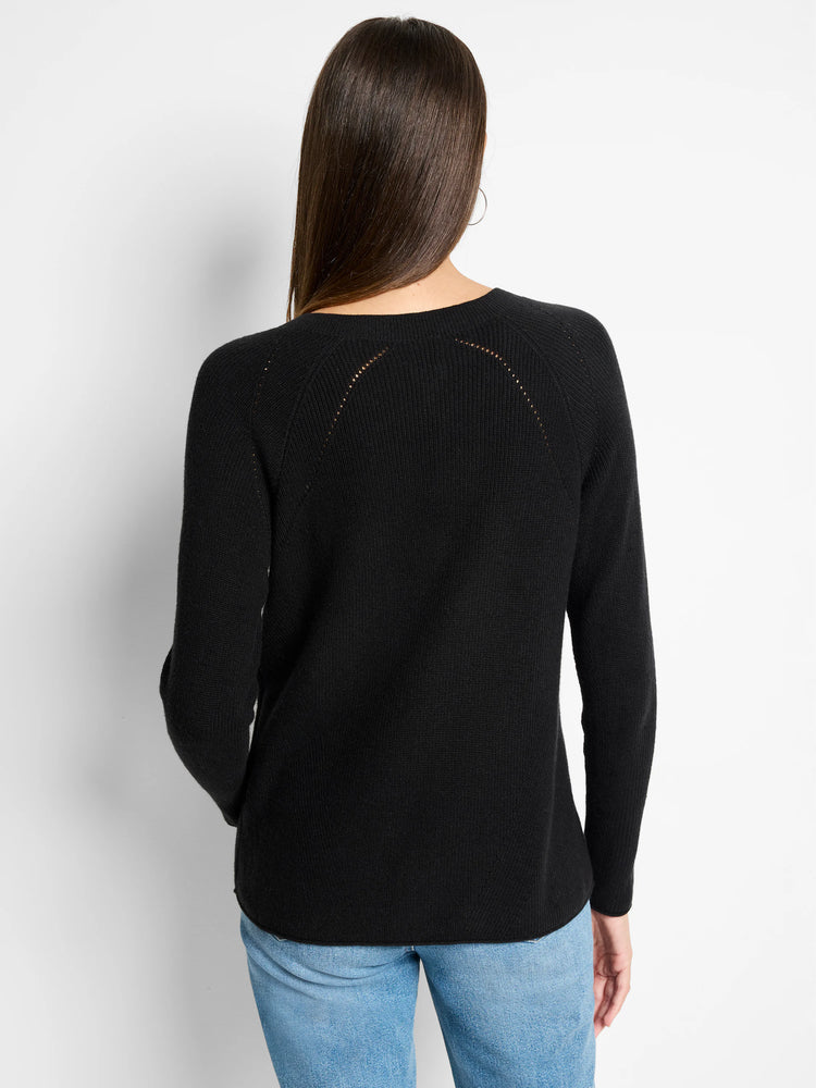 Black V-neck cashmere sweater; ribbed knit;  eyelet detail at shoulders.