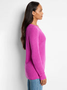 Fuchsia cashmere blend v-neck sweater;  long sleeves, relaxed fit.