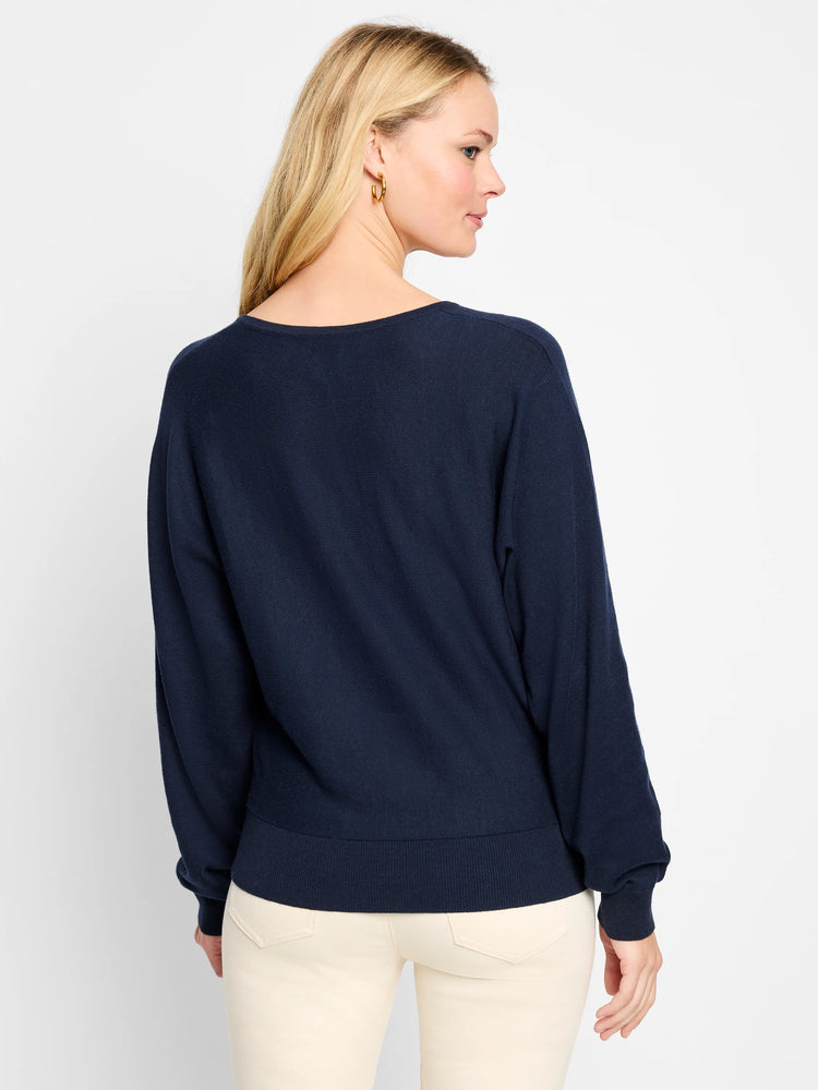 Navy blue dolman-sleeve sweater, ribbed cuffs and hem.  Shown from the back.