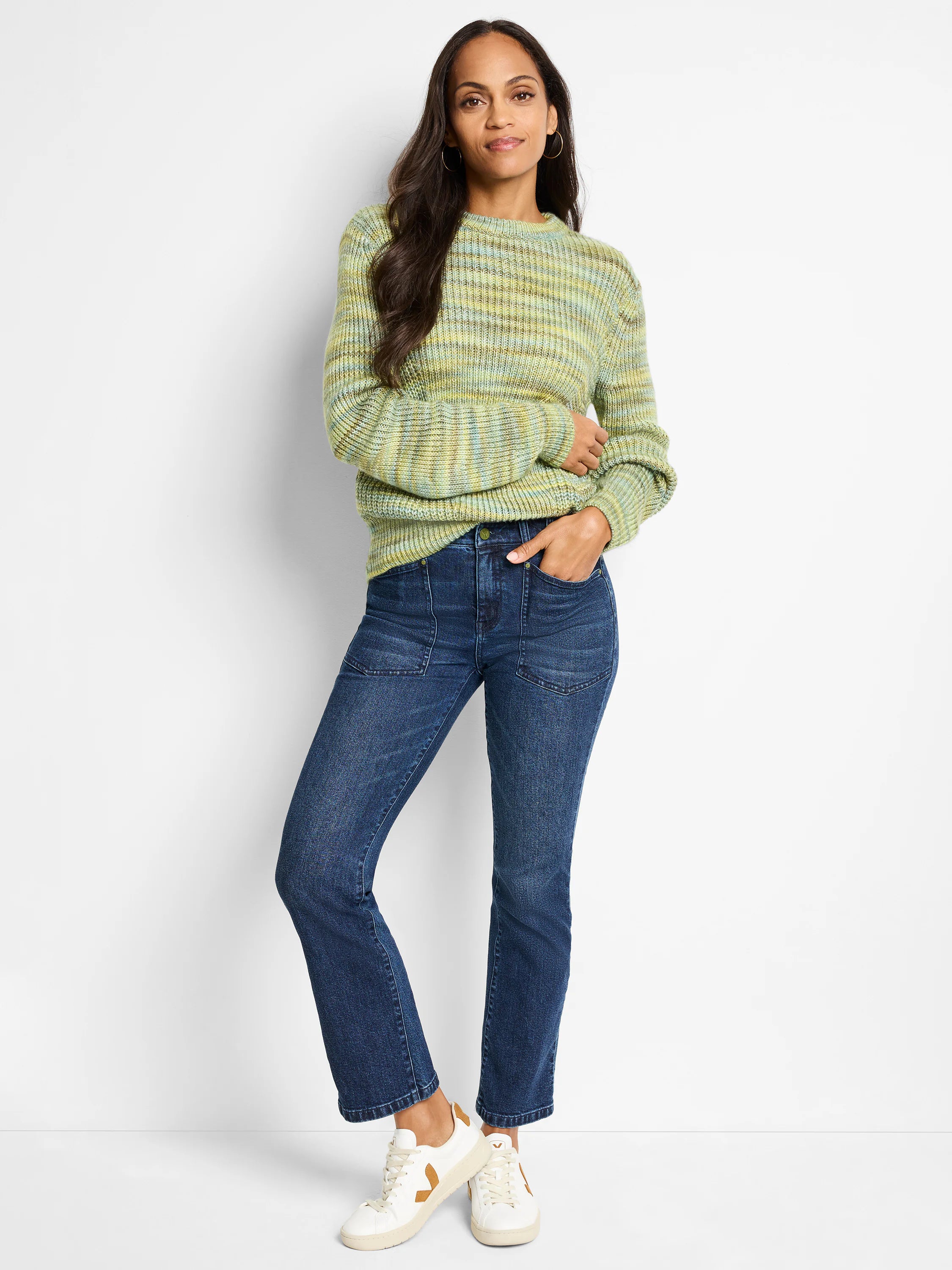 Green, blue, and tan variegated crew sweater with ribbed knit texture.