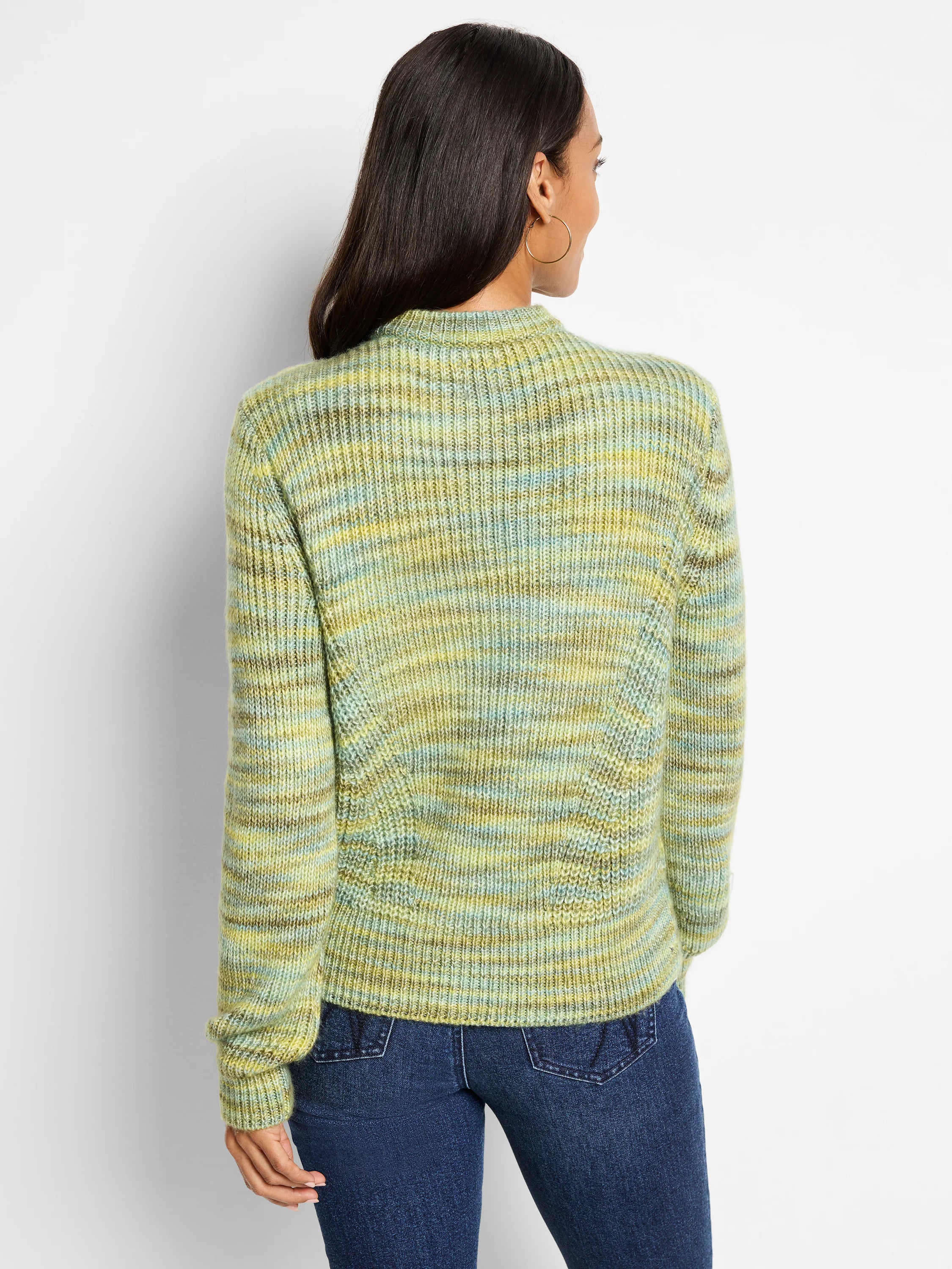 Crew neck sweater in a marled knit of light green, yellow, and blue yarns, forming irregular horizontal stripes.