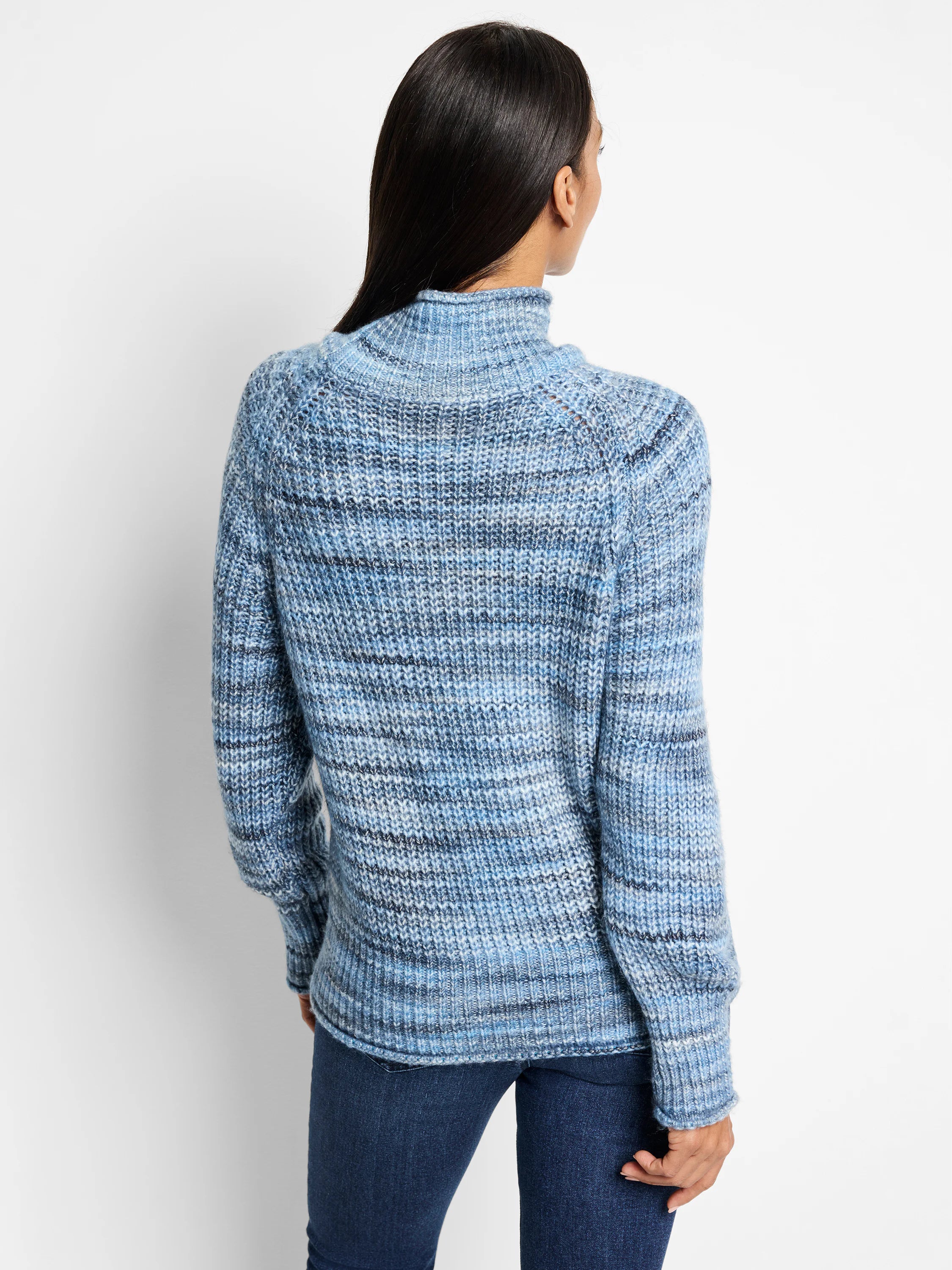 Here's alt text for the image, under 125 characters:

Blue and gray striped knit sweater; high neck; long sleeves; shown...
