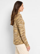 Here's alt text under 125 characters:

Brown, beige, and yellow striped knit sweater. High neck, long sleeves. Side...