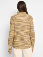 Here's alt text that meets the requirements:

"Back view of a tan and brown horizontally striped knit turtleneck sweater...