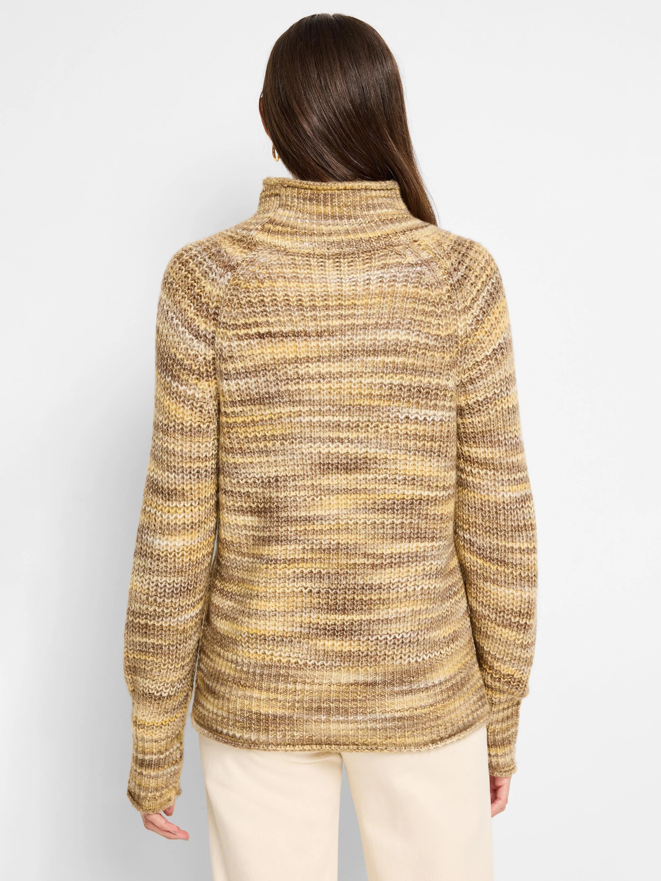 Here's alt text that meets the requirements:

"Back view of a tan and brown horizontally striped knit turtleneck sweater...