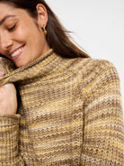 High-necked, long-sleeved knit sweater in variegated brown and beige.  Horizontal stripes.