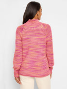 Pink, orange, and yellow horizontal striped knit sweater. Mock neck, long sleeves.
