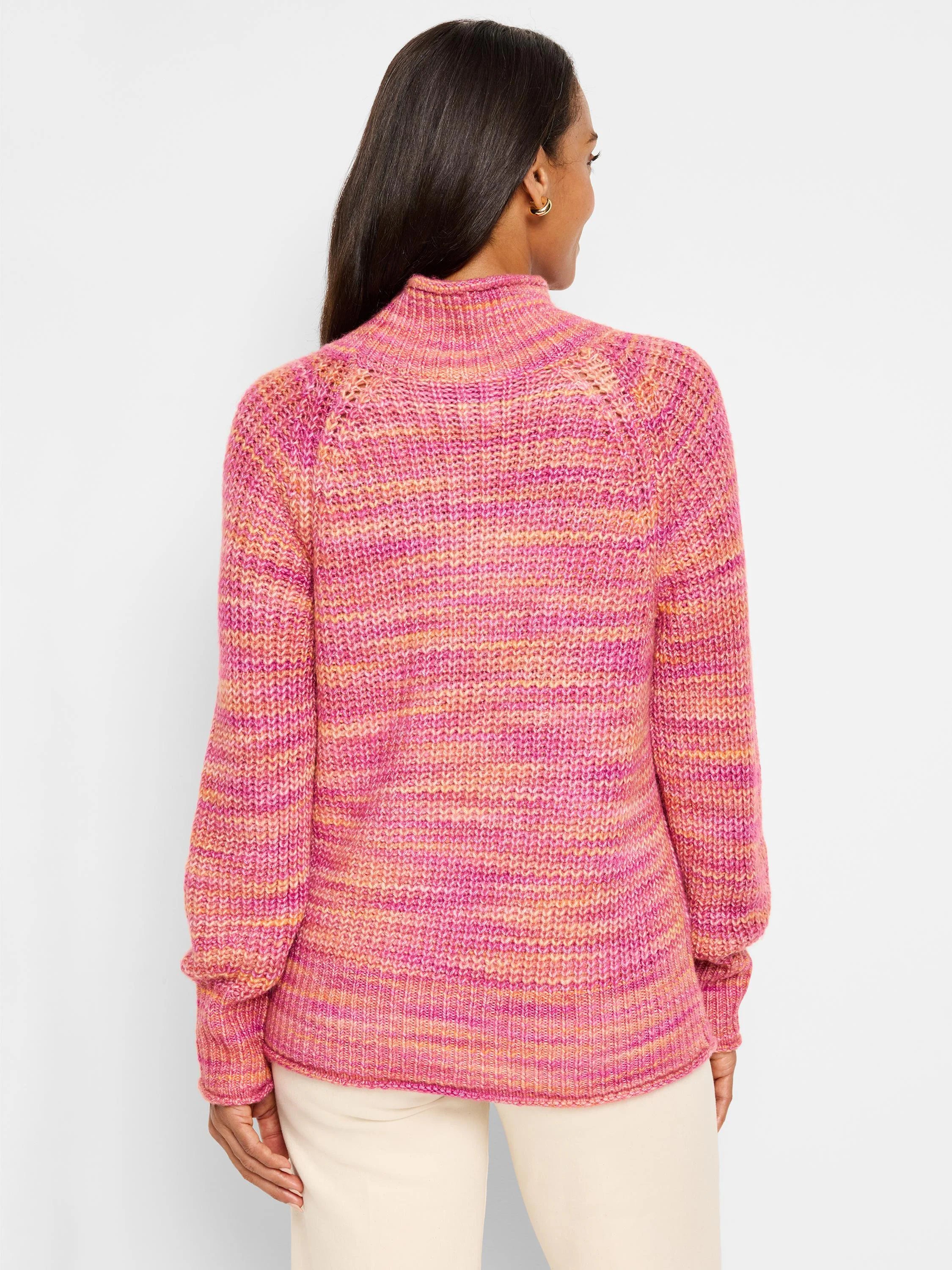 Pink, orange, and yellow horizontal striped knit sweater. Mock neck, long sleeves.