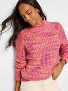 Pink, orange, and peach striped knit sweater. Mock neck, long sleeves.