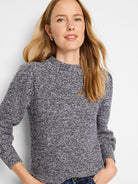 Marled navy & cream waffle stitch sweater with crew neck & long sleeves.