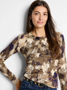 Long-sleeved sweater, cream, taupe, and purple abstract print. Crew neck.