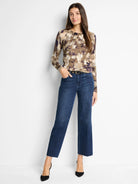 Beige, taupe, and purple abstract print long-sleeved crewneck sweater.