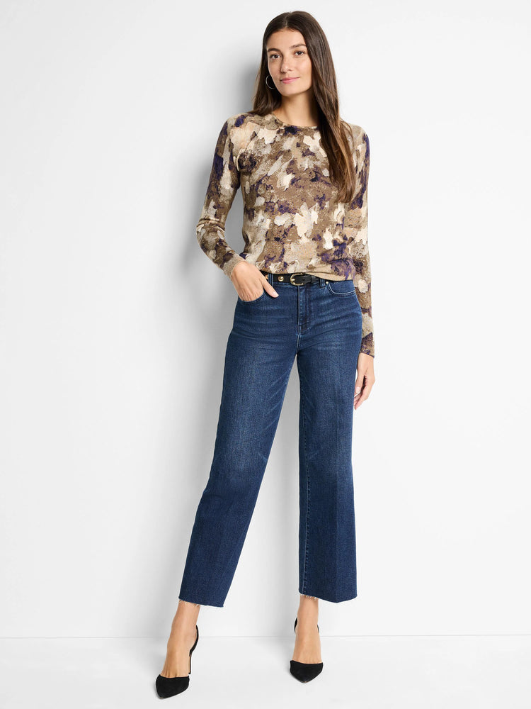 Beige, taupe, and purple abstract print long-sleeved crewneck sweater.