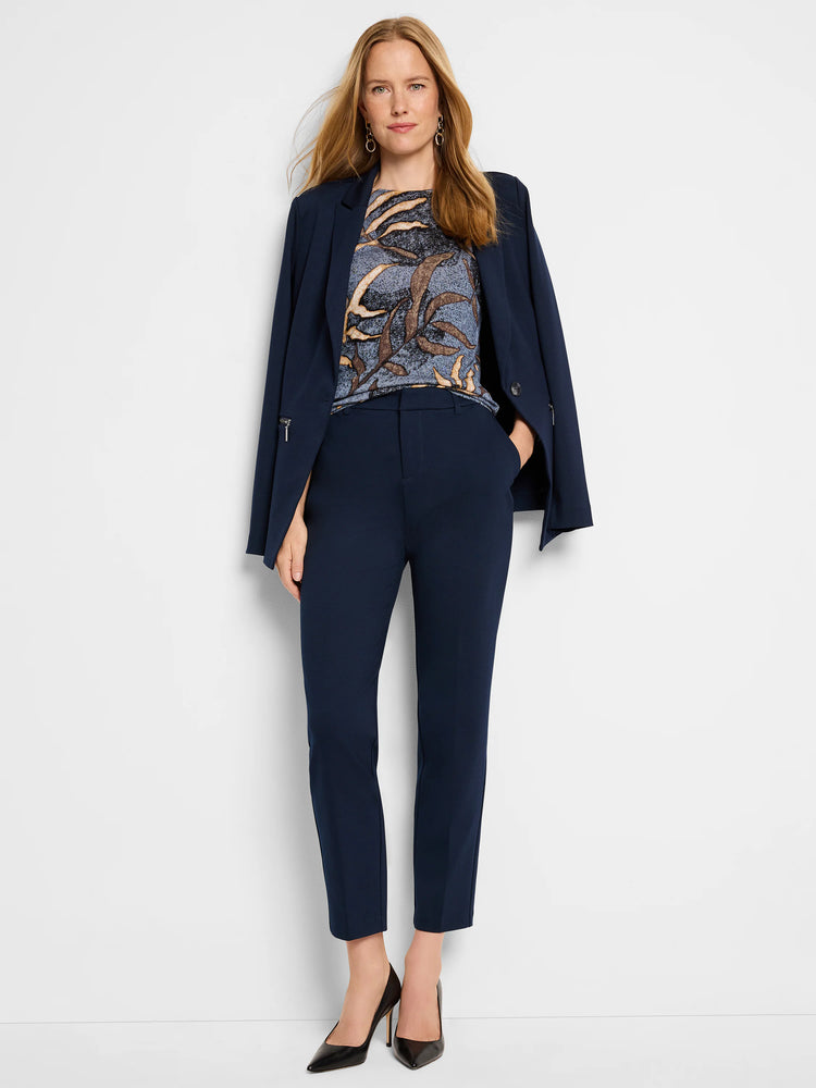 Navy blue Ponte knit trousers; straight-leg, ankle-length.  Model shown wearing them with a dark blazer and patterned top.