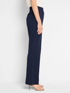 Navy blue wide-leg pleated pants; side view shows a straight, slightly flared leg.  The pants appear to have a high waist.