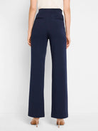 Dark navy blue wide-leg pants; high-waisted with back pockets.