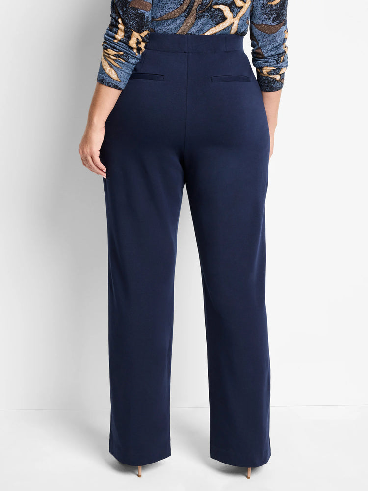 Dark navy blue wide-leg pants; pleated, with back pockets.