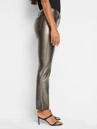 Metallic gunmetal gray faux leather pants, straight leg, shown on a model.