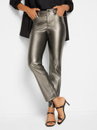 Metallic gunmetal gray faux leather pants; straight-leg fit.