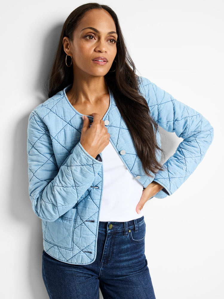 Light blue quilted denim jacket with dark stitching, button closures.  Diamond quilt pattern.