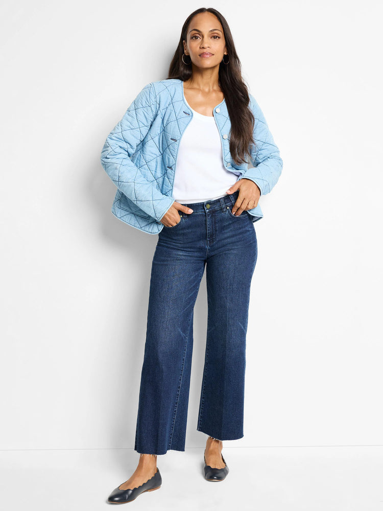 Light blue quilted denim jacket.  Diamond quilting pattern.  Button front.