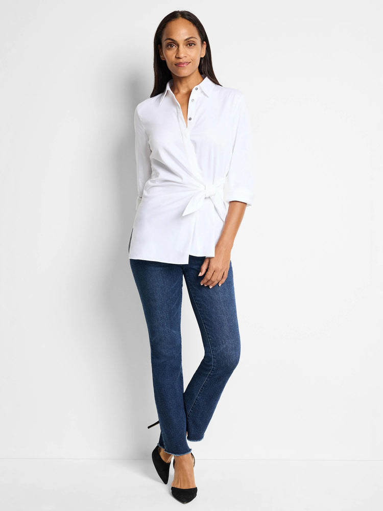 White, side-tie shirt; three-quarter sleeves;  knotted at waist.