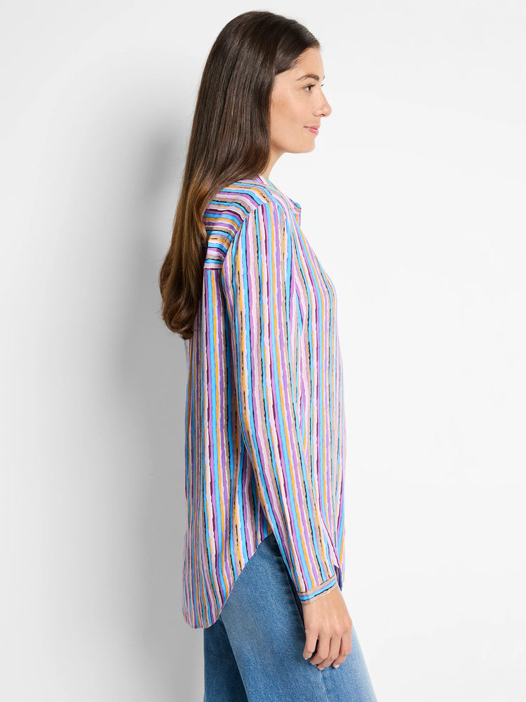 Solstice Stripe Shirt:  Long-sleeved, vertically striped shirt in light blue, purple, orange, and beige.  Slightly curved...