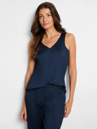 Navy blue sleeveless tank top with vertical pleats and a v-neck.