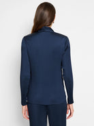 Dark navy blue, vertically pleated long-sleeve shirt;  back view.