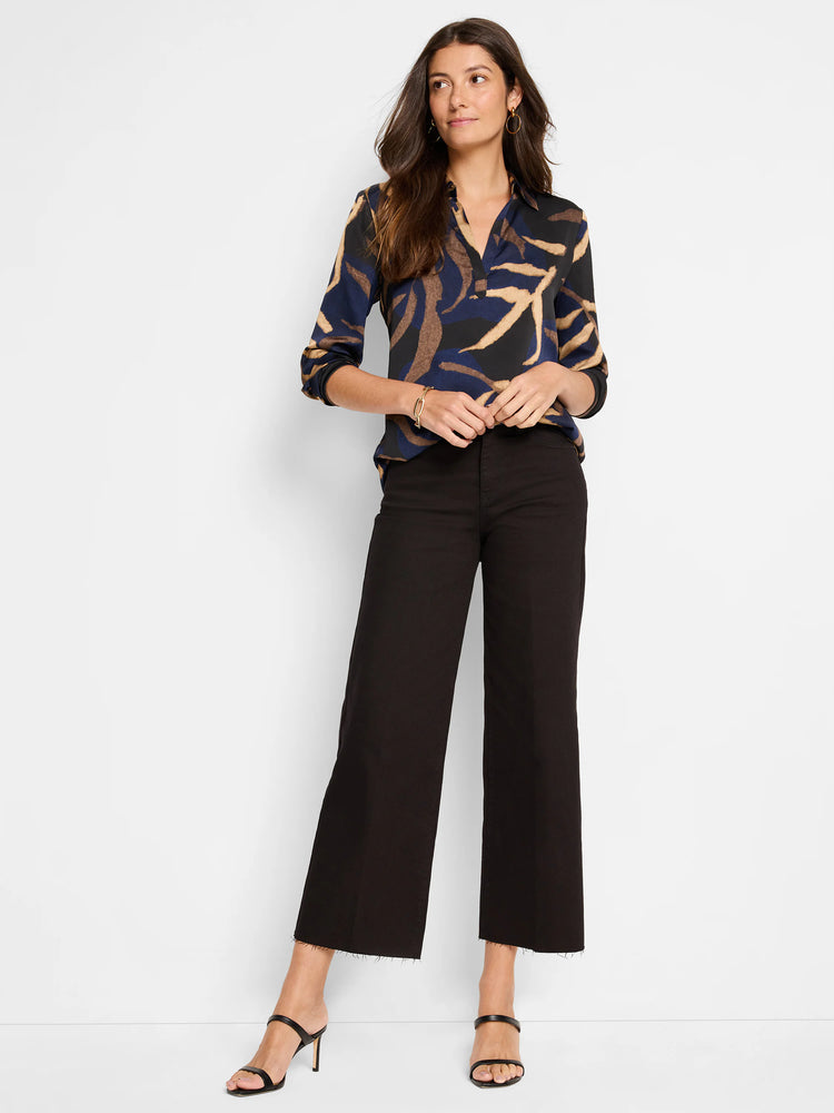 Dark blue, beige, and brown abstract print long-sleeved shirt; collared neckline.