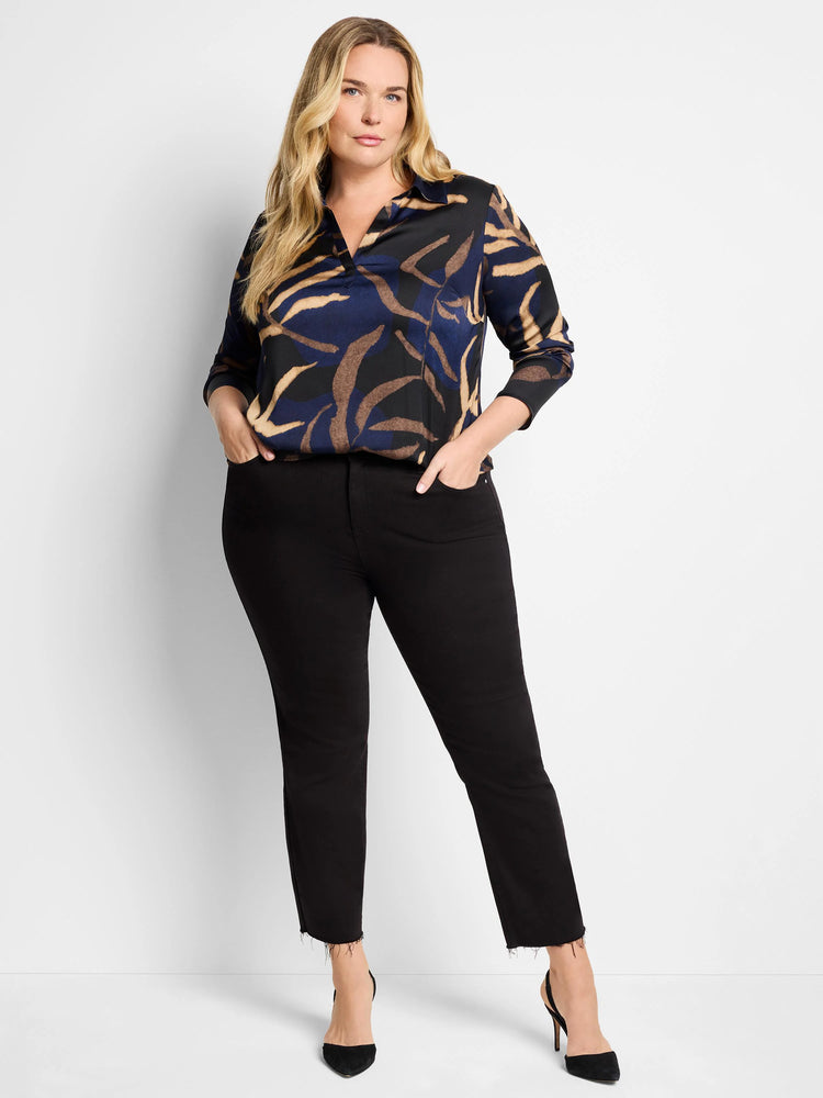 Navy, tan, and black abstract leaf print long-sleeve collared shirt.