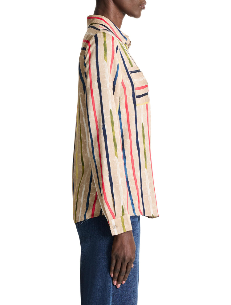 Beige top with painted vertical stripes in red, navy, green, and blue.