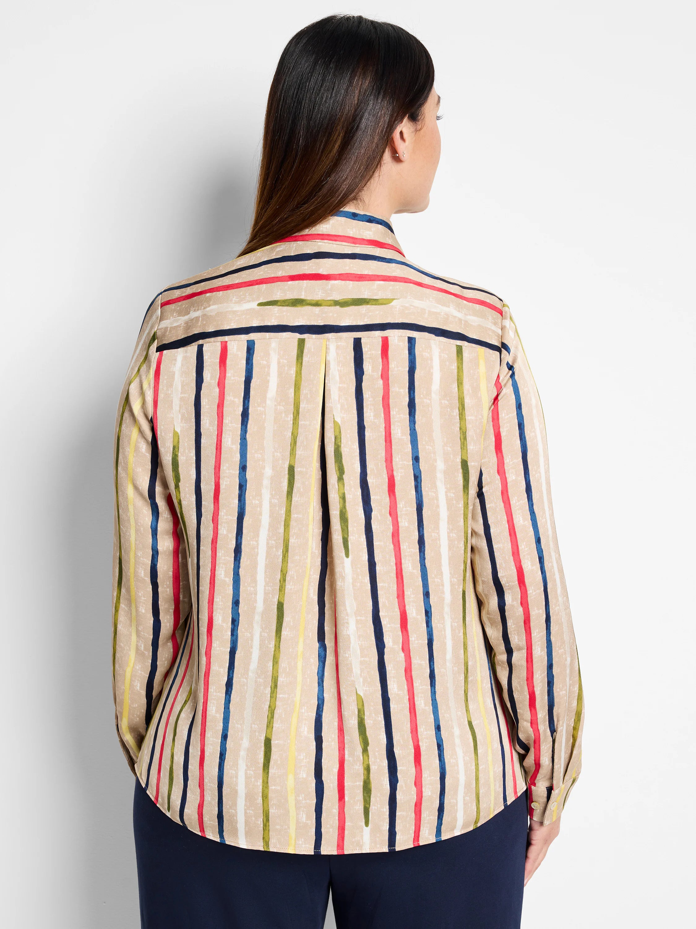 Beige top with vertical painted stripes in red, blue, green, yellow, and white.