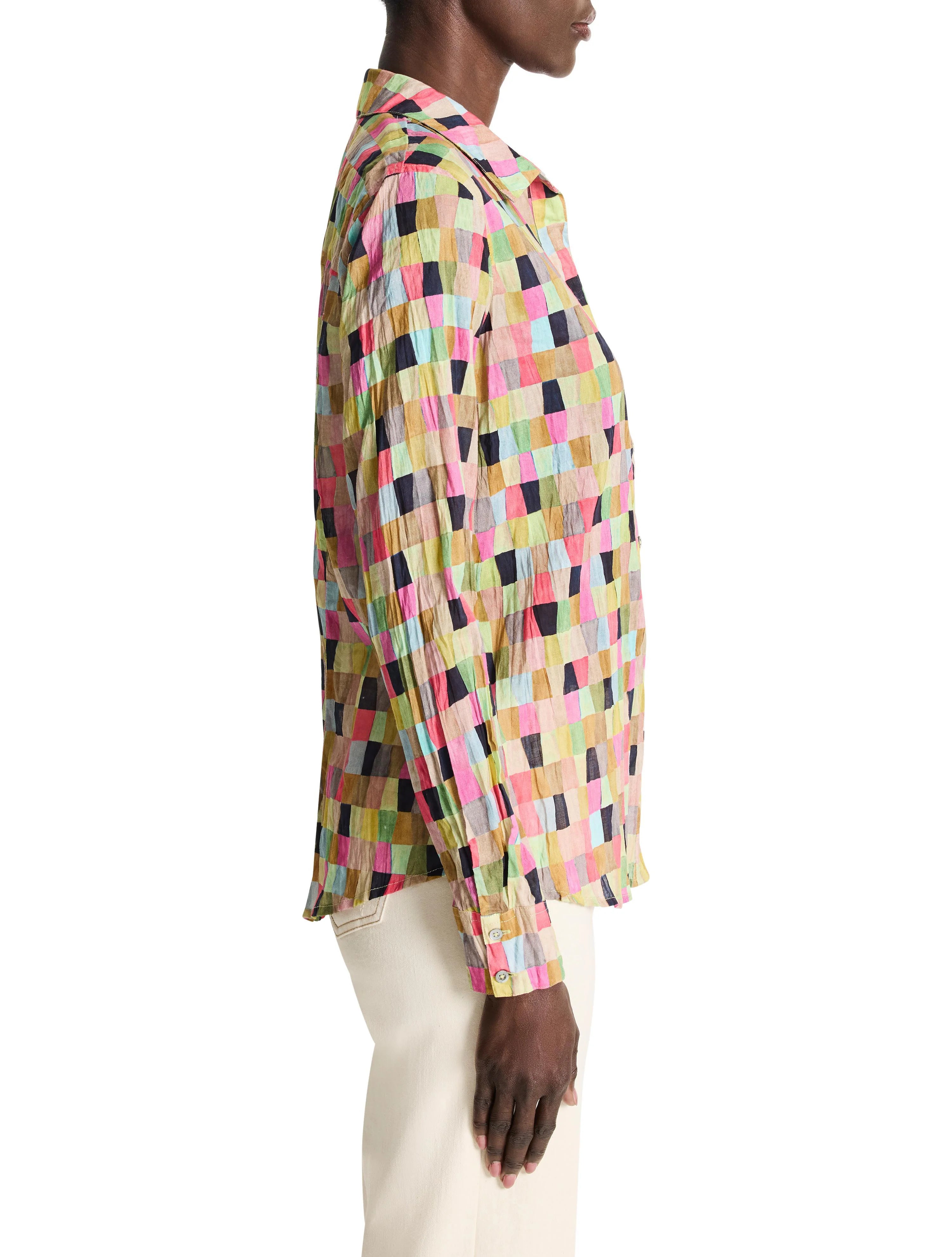 Cotton shirt, long sleeves, multicolored patchwork print of pink, teal, green, tan, and black squares.