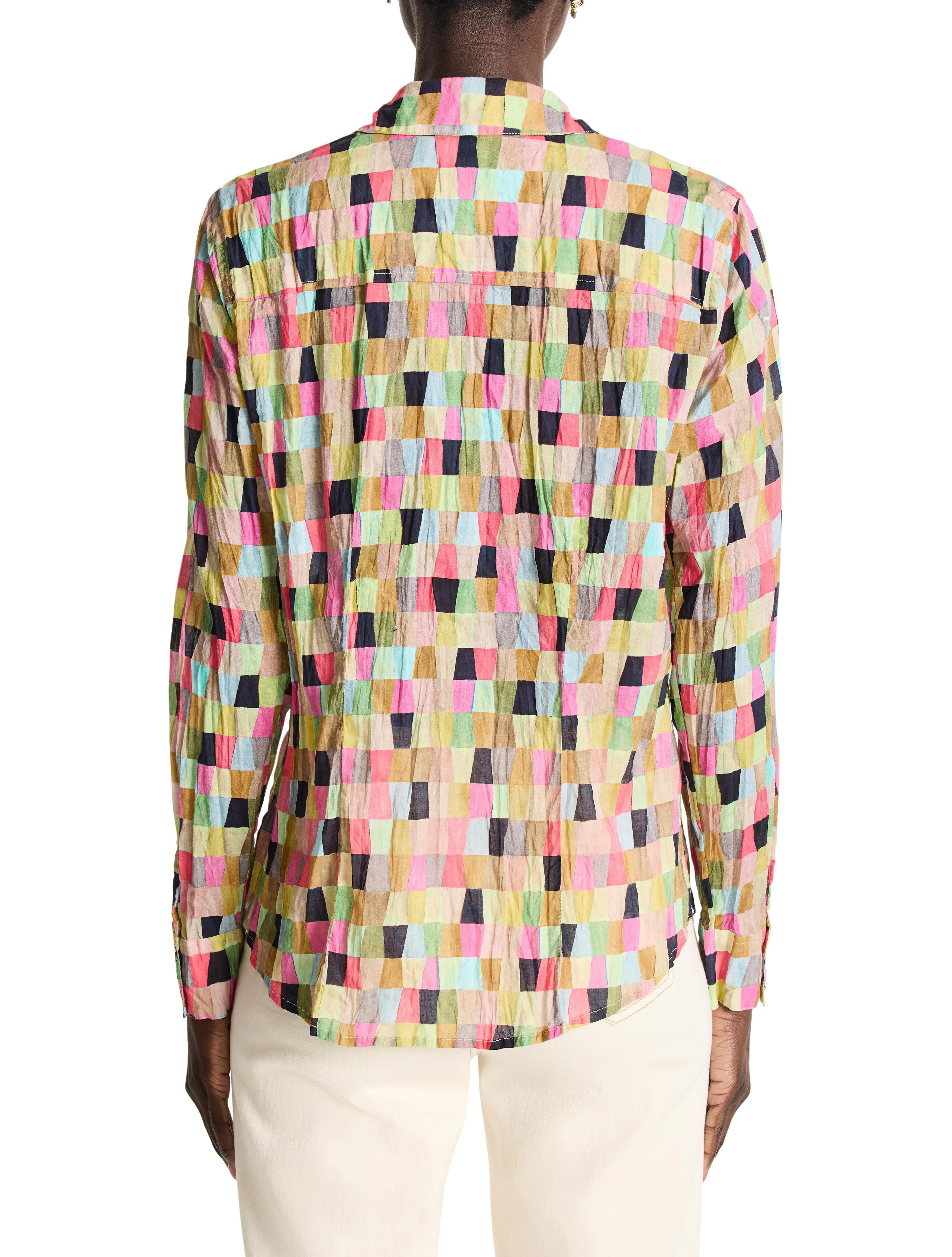 Cotton shirt; multicolored patchwork pattern in pinks, greens, beige, and dark blues; crinkled texture.