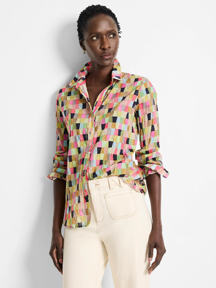 Cotton shirt; multicolored patchwork pattern in pinks, greens, yellows, and browns; long sleeves; button-down.
