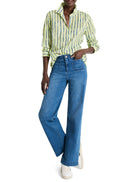 Pale green shirt with dark teal vertical watercolor stripes; long sleeves, button-front.